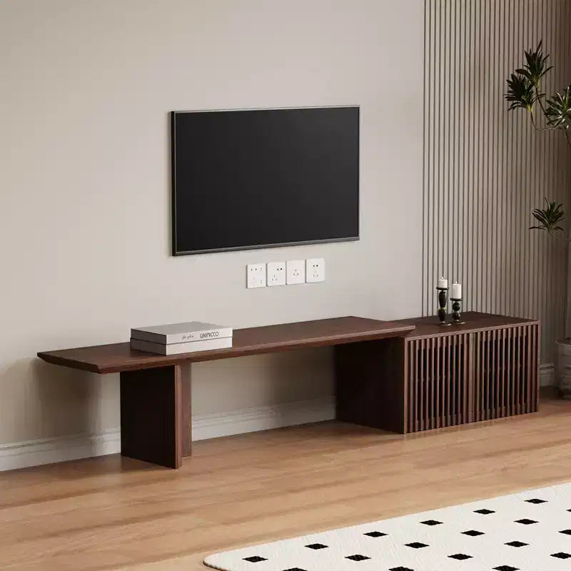 JVNOXK Meuble TV extensible de 153 à 214 cm pour téléviseurs jusqu'à 55 pouces, meuble TV moderne, centre de divertissement avec rangement, pour salon, chambre, noyer