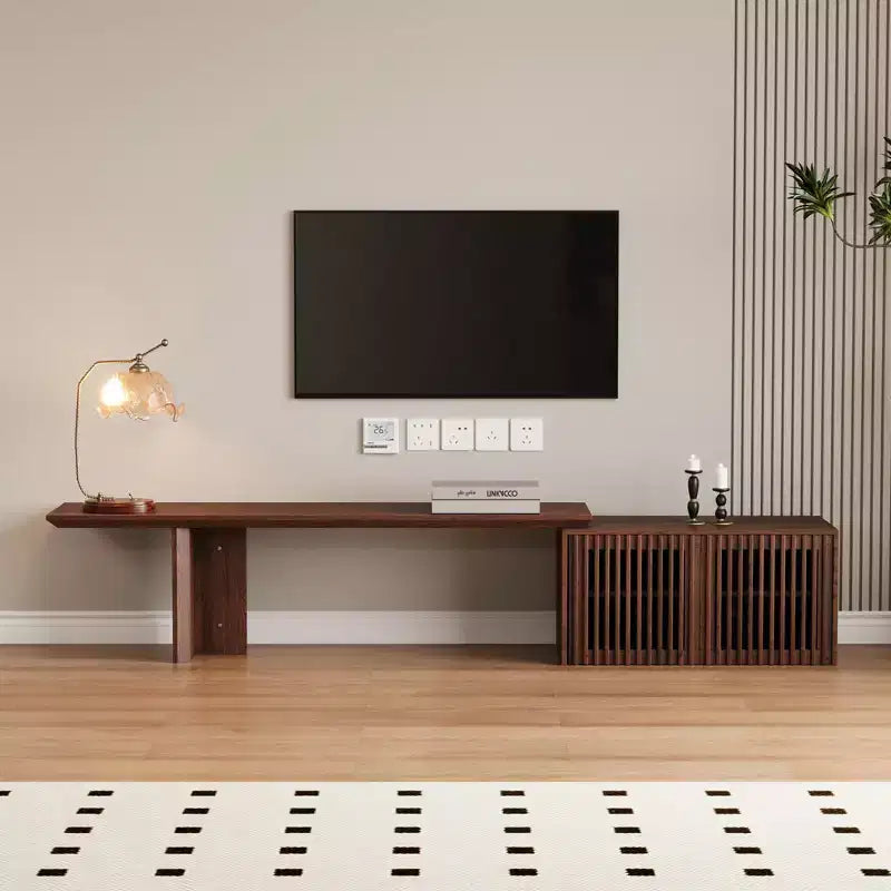 JVNOXK Meuble TV extensible de 153 à 214 cm pour téléviseurs jusqu'à 55 pouces, meuble TV moderne, centre de divertissement avec rangement, pour salon, chambre, noyer
