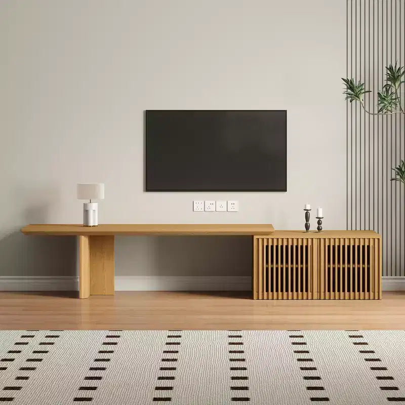 JVNOXK Meuble TV extensible de 153 à 214 cm pour téléviseurs jusqu'à 55 pouces, meuble TV moderne, centre de divertissement avec rangement, pour salon, chambre, noyer