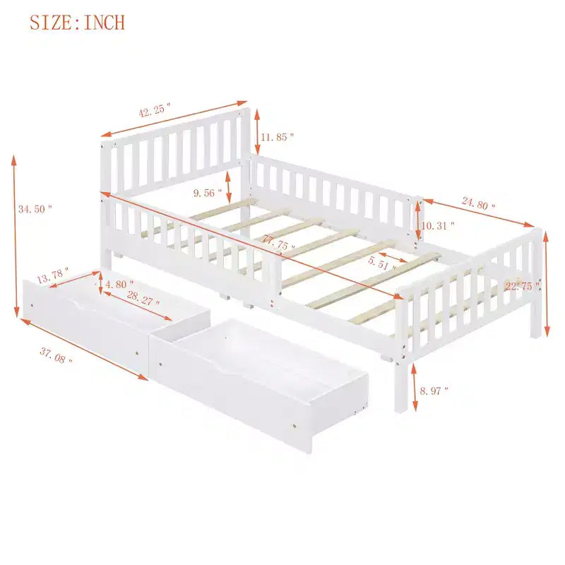 Lit plateforme double en bois avec barrières de sécurité et 2 tiroirs de rangement, blanc