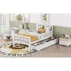 Lit plateforme double en bois avec barrières de sécurité et 2 tiroirs de rangement, blanc