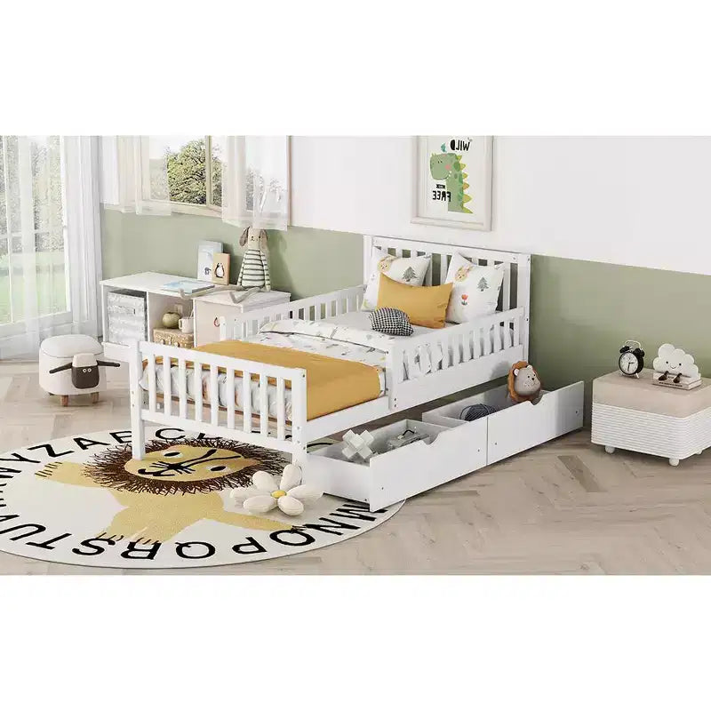 Lit plateforme double en bois avec barrières de sécurité et 2 tiroirs de rangement, blanc