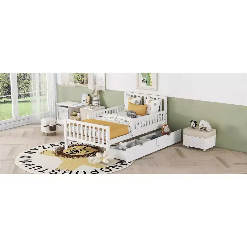 Lit plateforme double en bois avec barrières de sécurité et 2 tiroirs de rangement, blanc