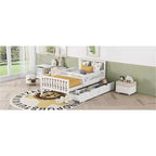 Lit plateforme double en bois avec barrières de sécurité et 2 tiroirs de rangement, blanc