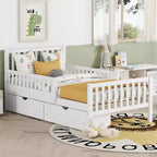 Lit plateforme double en bois avec barrières de sécurité et 2 tiroirs de rangement, blanc