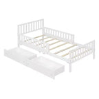 Lit plateforme double en bois avec barrières de sécurité et 2 tiroirs de rangement, blanc