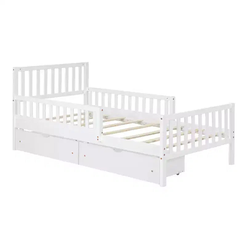 Lit plateforme double en bois avec barrières de sécurité et 2 tiroirs de rangement, blanc