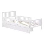 Lit plateforme double en bois avec barrières de sécurité et 2 tiroirs de rangement, blanc