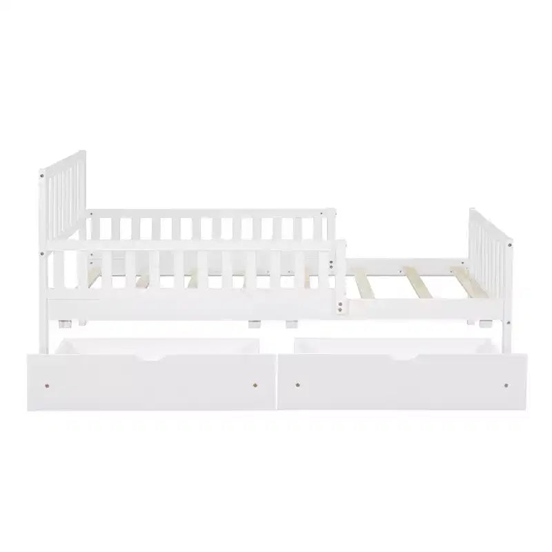 Lit plateforme double en bois avec barrières de sécurité et 2 tiroirs de rangement, blanc