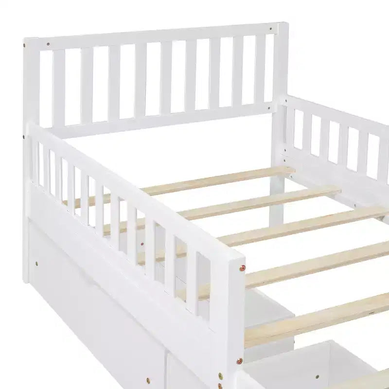 Lit plateforme double en bois avec barrières de sécurité et 2 tiroirs de rangement, blanc