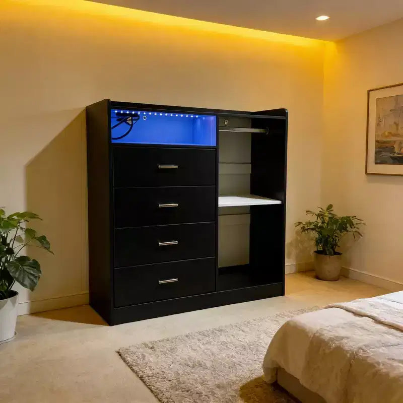 Commode LED moderne GustoWave avec armoire ouverte, 4 tiroirs et design compact
