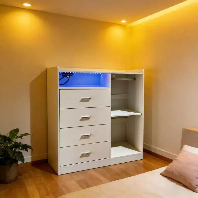 Commode LED moderne GustoWave avec armoire ouverte, 4 tiroirs et design compact