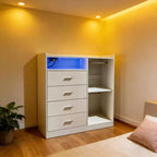 Commode LED moderne GustoWave avec armoire ouverte, 4 tiroirs et design compact