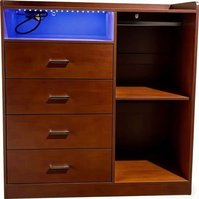 Commode LED moderne GustoWave avec armoire ouverte, 4 tiroirs et design compact