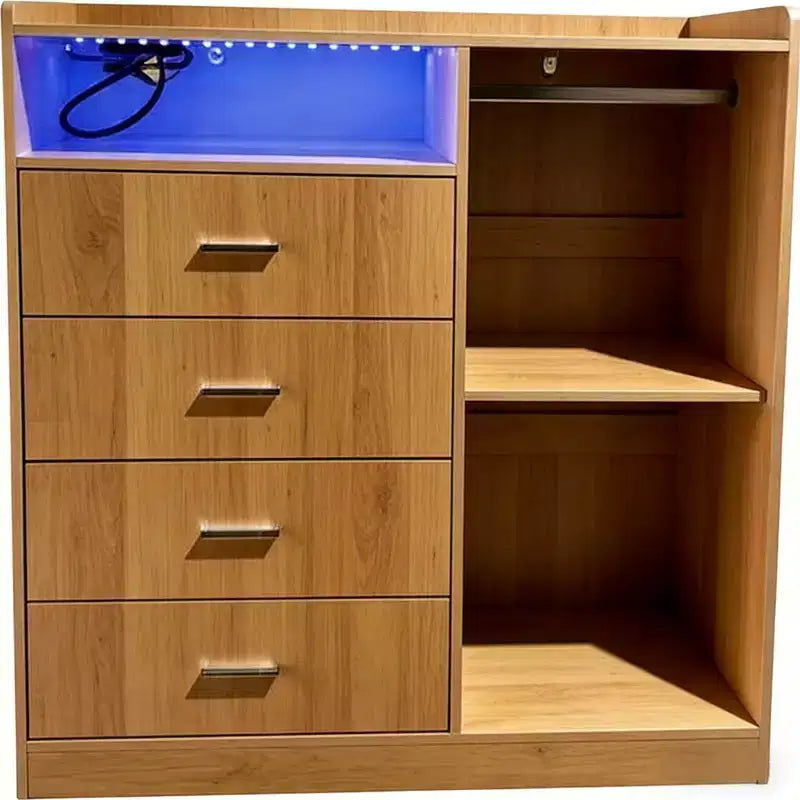 Commode LED moderne GustoWave avec armoire ouverte, 4 tiroirs et design compact