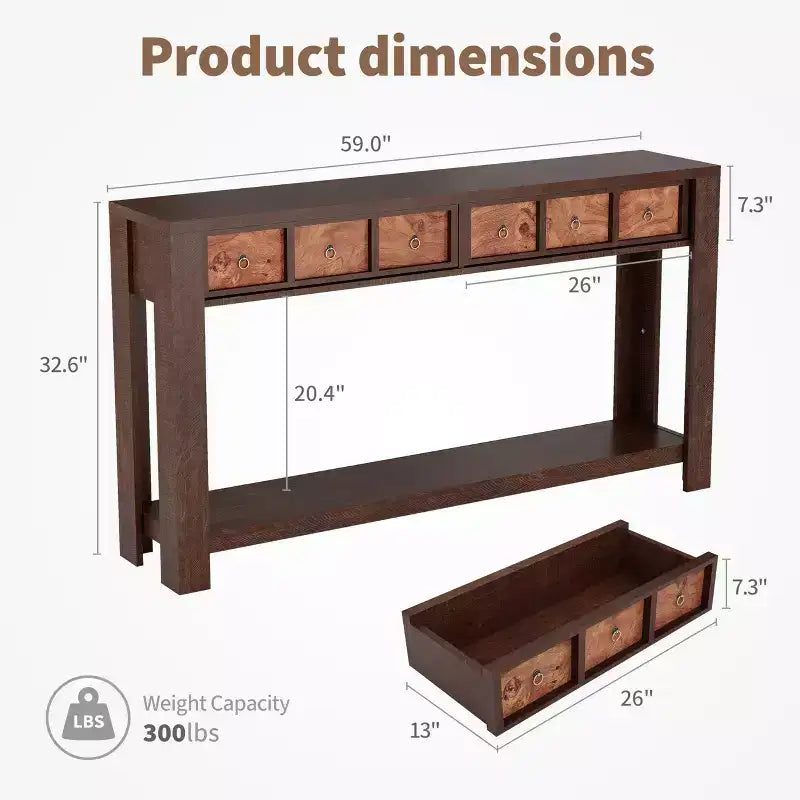 54 Table console de ferme rustique pour l'entrée, longue table de canapé en bois avec 2 tiroirs de rangement et étagère ouverte pour le couloir et le salon