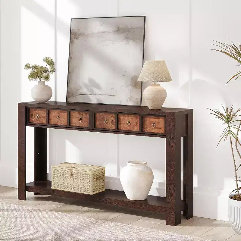 54 Table console de ferme rustique pour l'entrée, longue table de canapé en bois avec 2 tiroirs de rangement et étagère ouverte pour le couloir et le salon