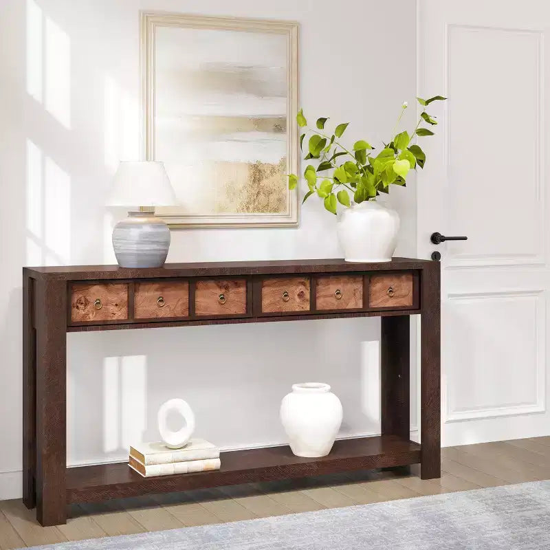 54 Table console de ferme rustique pour l'entrée, longue table de canapé en bois avec 2 tiroirs de rangement et étagère ouverte pour le couloir et le salon