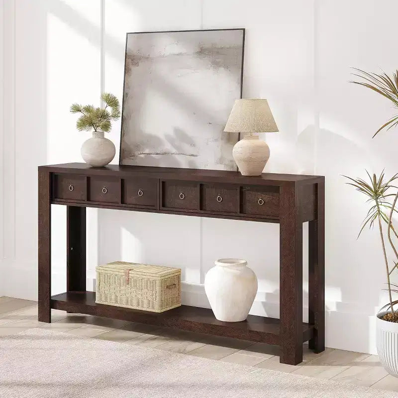 54 Table console de ferme rustique pour l'entrée, longue table de canapé en bois avec 2 tiroirs de rangement et étagère ouverte pour le couloir et le salon