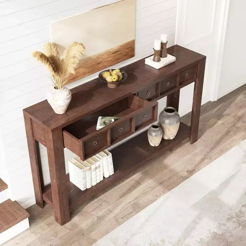 54 Table console de ferme rustique pour l'entrée, longue table de canapé en bois avec 2 tiroirs de rangement et étagère ouverte pour le couloir et le salon