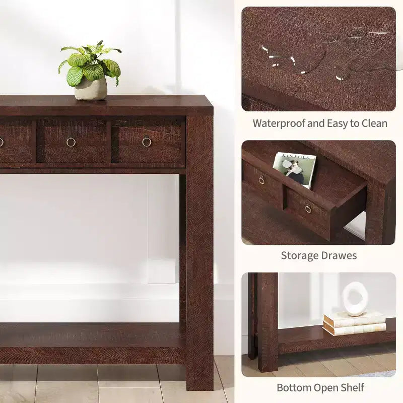 54 Table console de ferme rustique pour l'entrée, longue table de canapé en bois avec 2 tiroirs de rangement et étagère ouverte pour le couloir et le salon