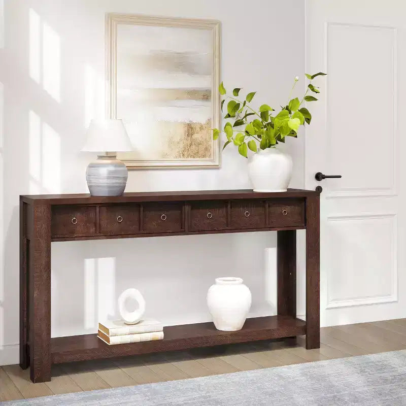 54 Table console de ferme rustique pour l'entrée, longue table de canapé en bois avec 2 tiroirs de rangement et étagère ouverte pour le couloir et le salon
