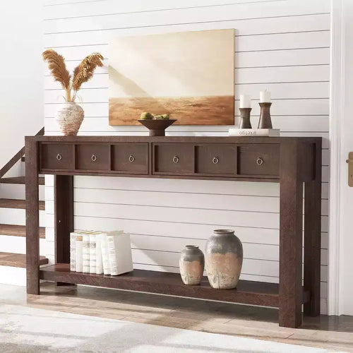 54 Rustic Farmhouse Console Table for Entryway, Long Wooden Sofa Table with 2 Storage Drawers & Open Display Shelf for Hallway & Living Room