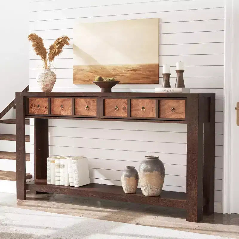 54 Table console de ferme rustique pour l'entrée, longue table de canapé en bois avec 2 tiroirs de rangement et étagère ouverte pour le couloir et le salon