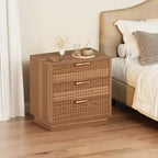 Table de chevet en bois cannelé avec 3 grands tiroirs, table de chevet de style moderne du milieu du siècle, table d'appoint de rangement autoportante pour chambre et salon