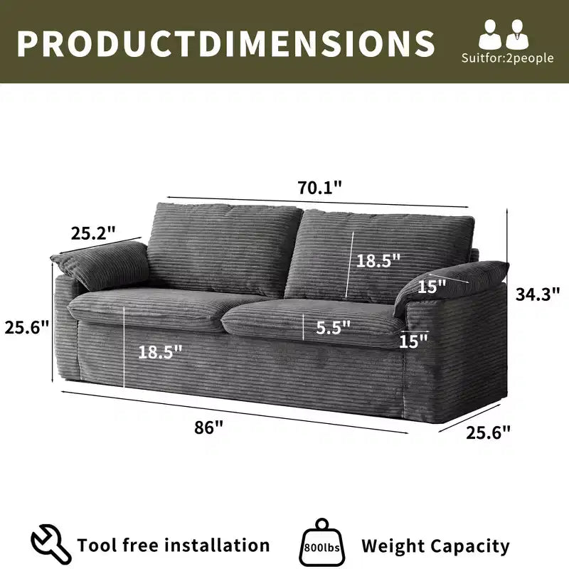 Dyonery 70 Causeuse en Velours, Canapé Moderne, Causeuse Profonde Déhoussable avec 2 Larges Accoudoirs Coussins et Dossier Moelleux