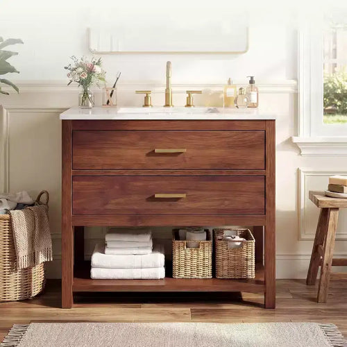 36 Farmhouse Bathroom Vanity with Sink  Freestanding Walnut Vanity Cabinet with 2 Drawers, Open Shelf & Handles, Easy Assembly