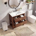 Meuble-lavabo de salle de bain de ferme de 36 po avec évier Meuble-lavabo autoportant en noyer avec 2 tiroirs, étagère ouverte et poignées, assemblage facile
