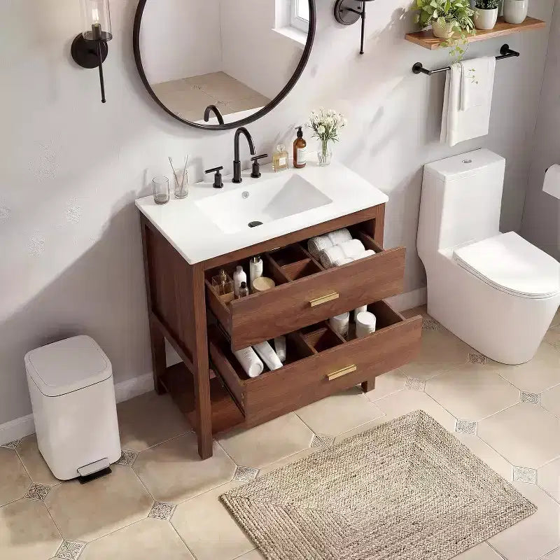 Meuble-lavabo de salle de bain de ferme de 36 po avec évier Meuble-lavabo autoportant en noyer avec 2 tiroirs, étagère ouverte et poignées, assemblage facile