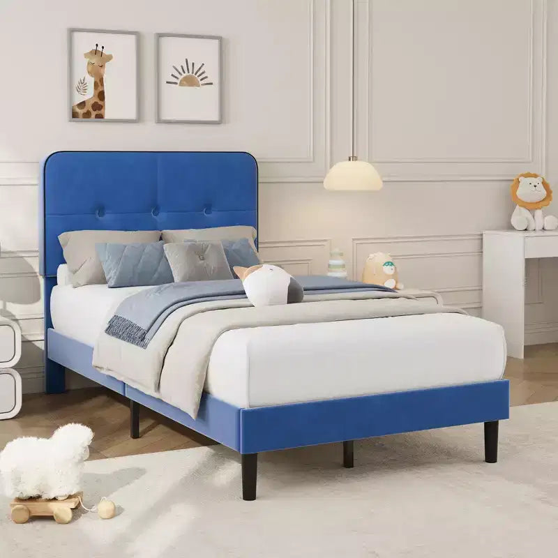 Lit plateforme double rembourré en velours avec tête de lit réglable, support métallique robuste, silencieux, aucun sommier tapissier requis