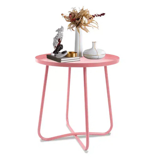 AEELLEEA Modern Round Outdoor Side Table  Small Metal Coffee & Snack Table for Living Room, Bedroom, Patio, Yard, Porch, Balcony (Pink)