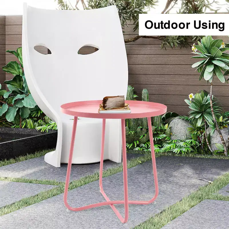 AEELLEEA Table d'appoint d'extérieur ronde moderne Petite table basse et de collation en métal pour salon, chambre, patio, jardin, porche, balcon (Rose)