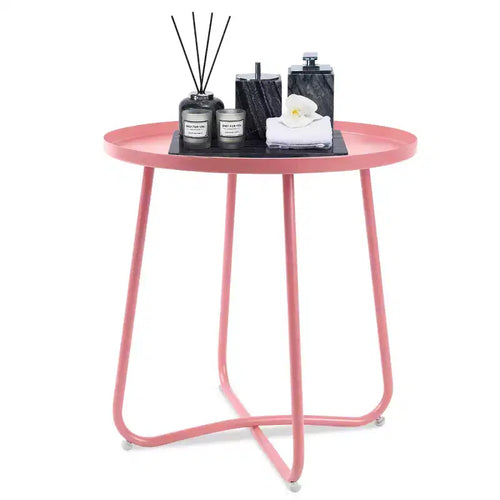 AEELLEEA Table d'appoint d'extérieur ronde moderne Petite table basse et de collation en métal pour salon, chambre, patio, jardin, porche, balcon (Rose)