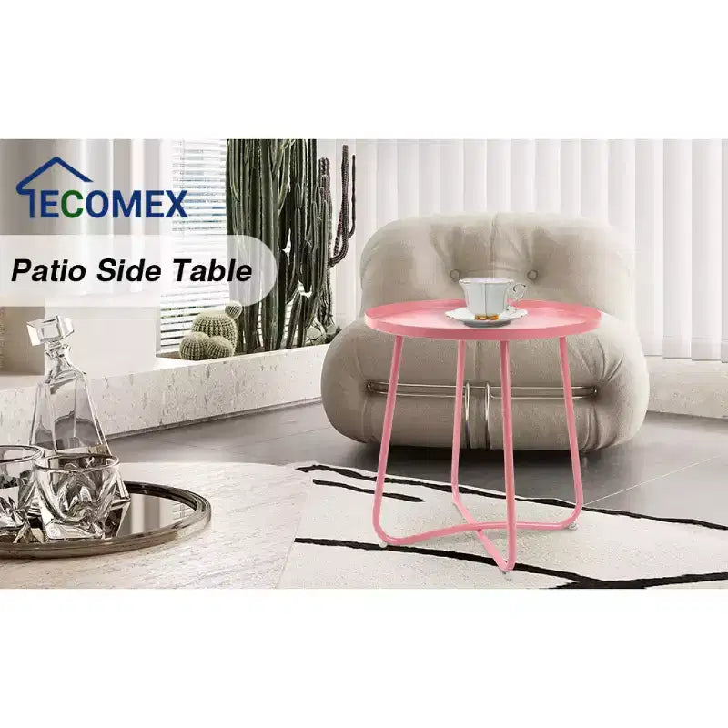 AEELLEEA Table d'appoint d'extérieur ronde moderne Petite table basse et de collation en métal pour salon, chambre, patio, jardin, porche, balcon (Rose)