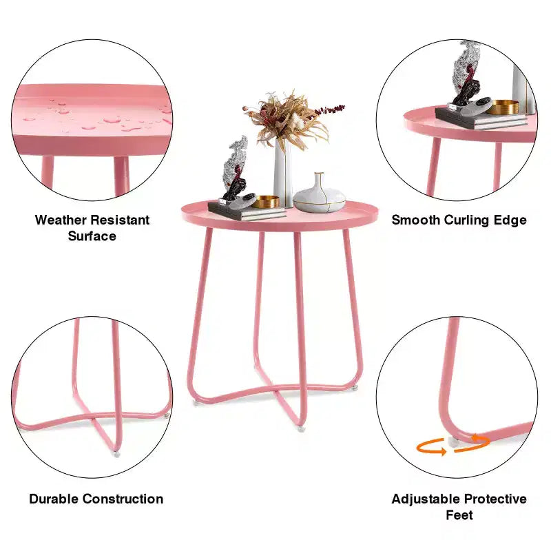 AEELLEEA Table d'appoint d'extérieur ronde moderne Petite table basse et de collation en métal pour salon, chambre, patio, jardin, porche, balcon (Rose)