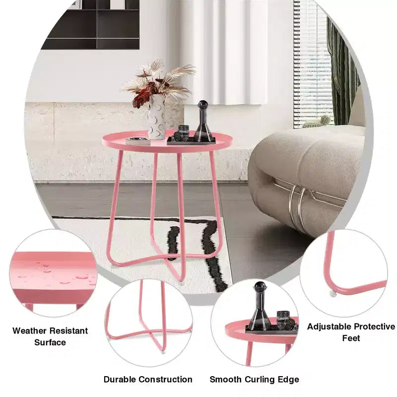 AEELLEEA Table d'appoint d'extérieur ronde moderne Petite table basse et de collation en métal pour salon, chambre, patio, jardin, porche, balcon (Rose)