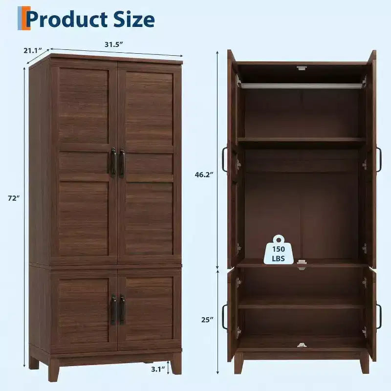 Armoire de chambre de 183 cm avec 4 portes, armoire en bois avec tringle à vêtements et étagère réglable, meuble de rangement pour vêtements