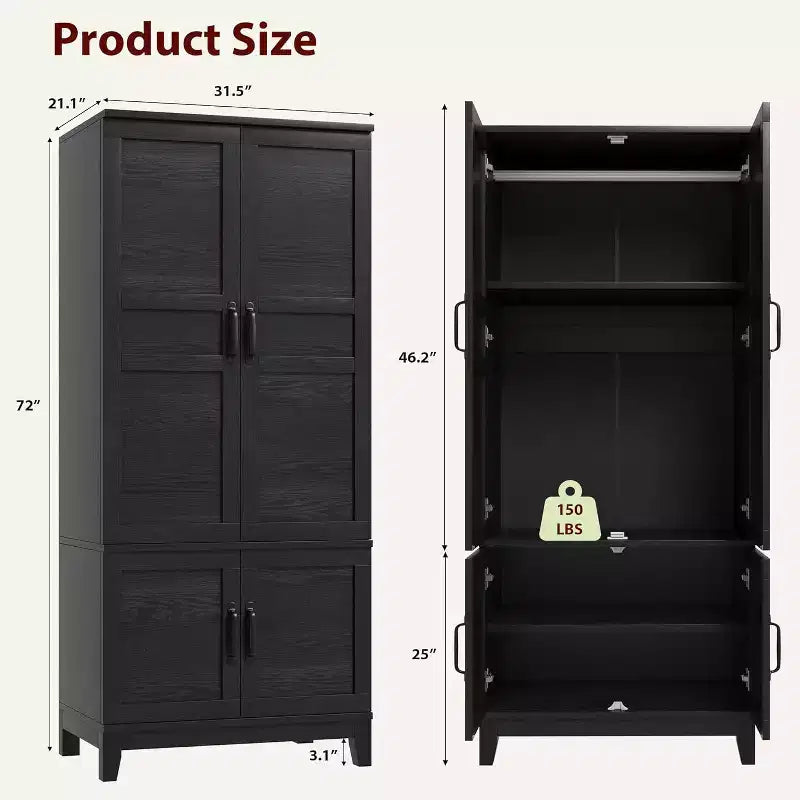 Armoire de chambre de 183 cm avec 4 portes, armoire en bois avec tringle à vêtements et étagère réglable, meuble de rangement pour vêtements