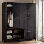 Armoire de chambre de 183 cm avec 4 portes, armoire en bois avec tringle à vêtements et étagère réglable, meuble de rangement pour vêtements