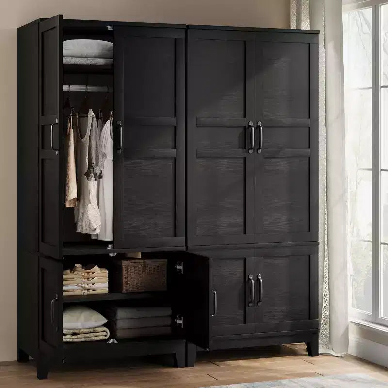 Armoire de chambre de 183 cm avec 4 portes, armoire en bois avec tringle à vêtements et étagère réglable, meuble de rangement pour vêtements
