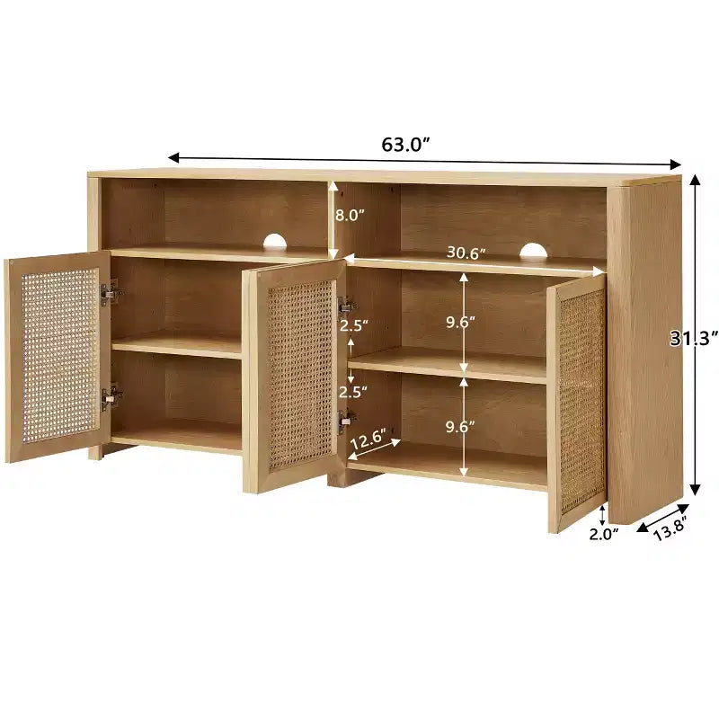 JVNOXK Buffet moderne du milieu du siècle en rotin de 160 cm avec rangement, meuble TV et bar à café de couleur naturelle, pour le salon