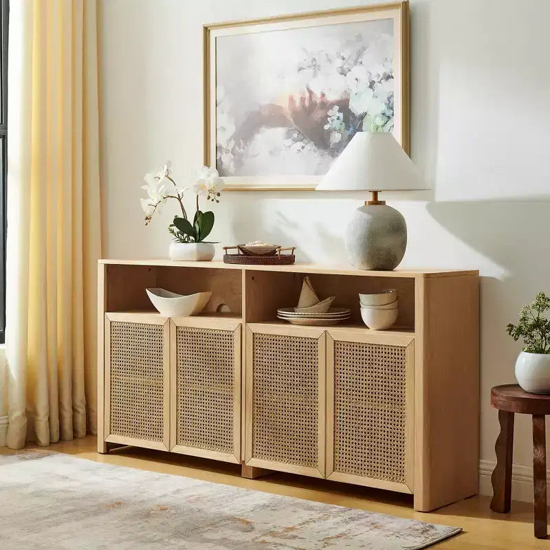 JVNOXK Buffet moderne du milieu du siècle en rotin de 160 cm avec rangement, meuble TV et bar à café de couleur naturelle, pour le salon