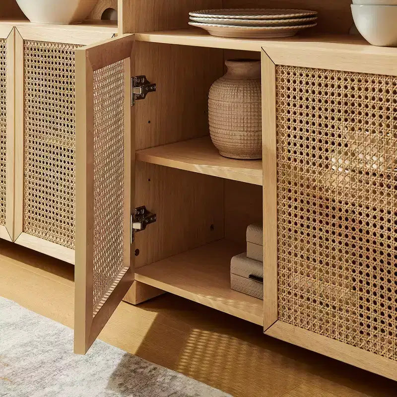 JVNOXK Buffet moderne du milieu du siècle en rotin de 160 cm avec rangement, meuble TV et bar à café de couleur naturelle, pour le salon