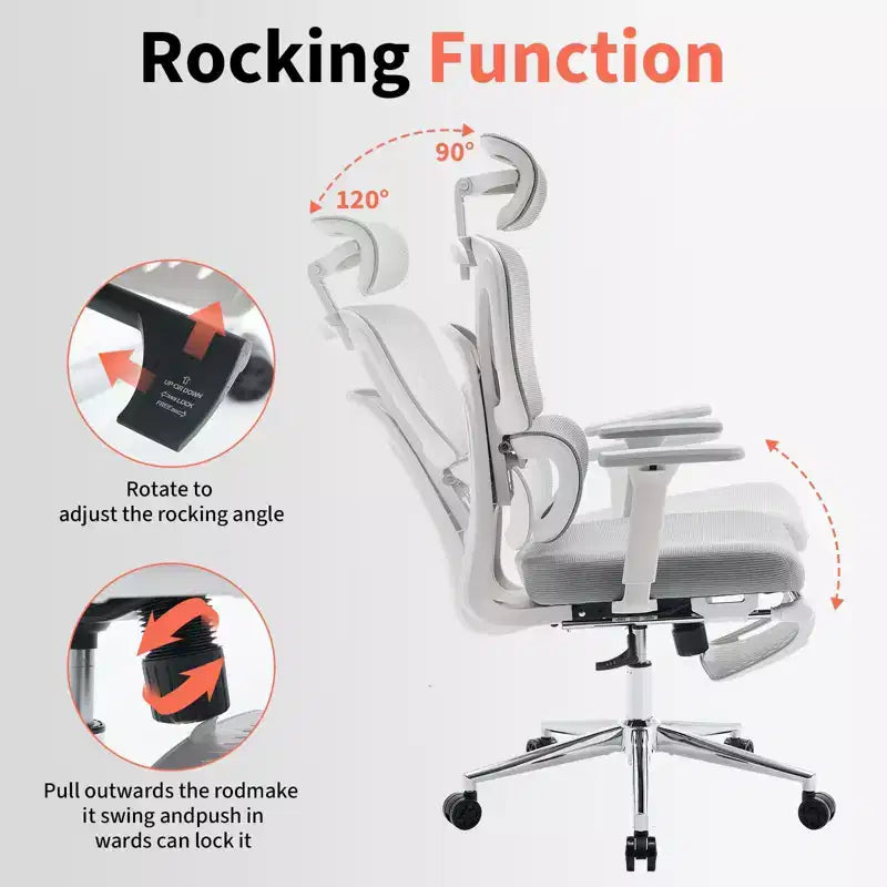 Fauteuil de bureau ergonomique en maille avec support lombaire réglable, appui-tête et repose-pieds, accoudoirs 3D, chaise pivotante pour utilisateurs corpulents