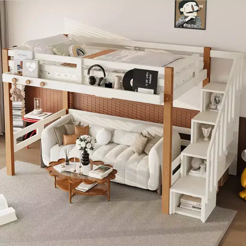 Lit mezzanine GDFStudio Landy moderne avec crochet à vêtements, étagères de rangement et espace sous le lit