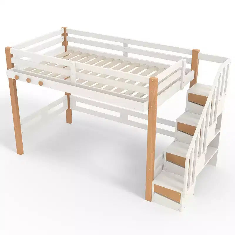 Lit mezzanine GDFStudio Landy moderne avec crochet à vêtements, étagères de rangement et espace sous le lit